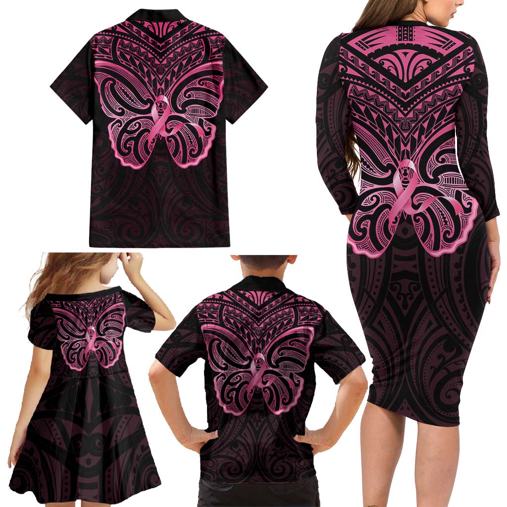 New Zealand Breast Cancer Awareness Family Matching Long Sleeve Bodycon Dress and Hawaiian Shirt Maori Butterfly Pink Ribbon Black Version LT14 - Polynesian Pride
