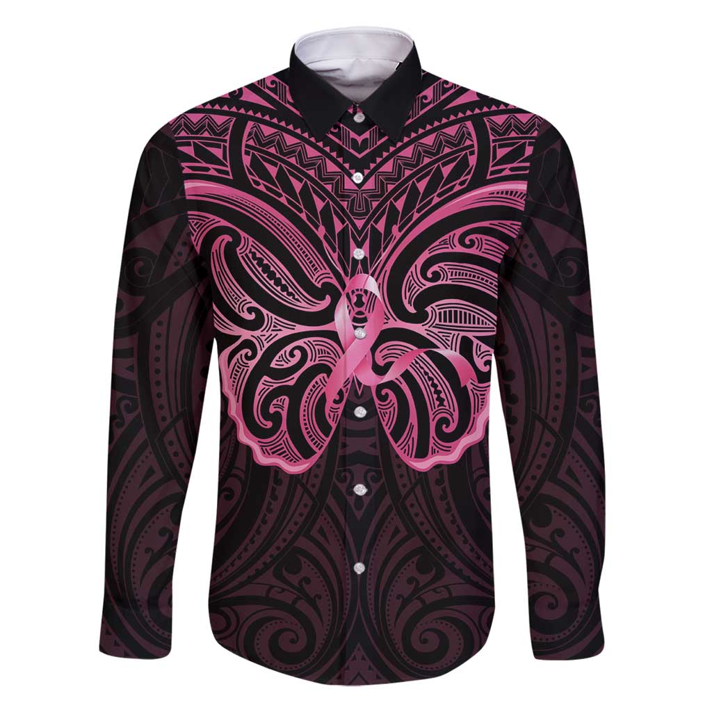 New Zealand Breast Cancer Awareness Family Matching Long Sleeve Bodycon Dress and Hawaiian Shirt Maori Butterfly Pink Ribbon Black Version LT14 Dad's Shirt - Long Sleeve Black - Polynesian Pride