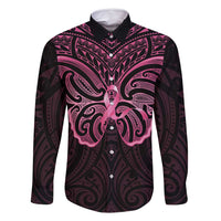 New Zealand Breast Cancer Awareness Family Matching Long Sleeve Bodycon Dress and Hawaiian Shirt Maori Butterfly Pink Ribbon Black Version LT14 Dad's Shirt - Long Sleeve Black - Polynesian Pride