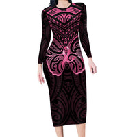 New Zealand Breast Cancer Awareness Family Matching Long Sleeve Bodycon Dress and Hawaiian Shirt Maori Butterfly Pink Ribbon Black Version LT14 Mom's Dress Black - Polynesian Pride