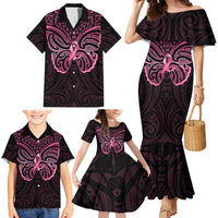 New Zealand Breast Cancer Awareness Family Matching Mermaid Dress and Hawaiian Shirt Maori Butterfly Pink Ribbon Black Version LT14 - Polynesian Pride