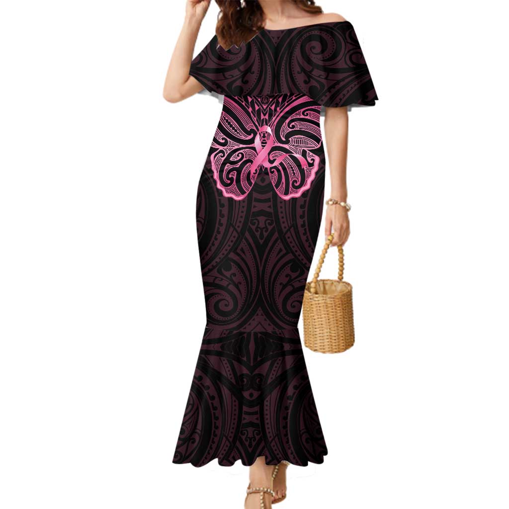 New Zealand Breast Cancer Awareness Family Matching Mermaid Dress and Hawaiian Shirt Maori Butterfly Pink Ribbon Black Version LT14 Mom's Dress Black - Polynesian Pride