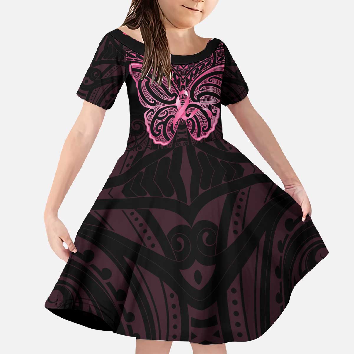 New Zealand Breast Cancer Awareness Family Matching Off The Shoulder Long Sleeve Dress and Hawaiian Shirt Maori Butterfly Pink Ribbon Black Version LT14 Daughter's Dress Black - Polynesian Pride
