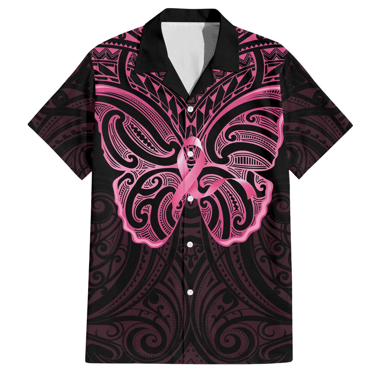 New Zealand Breast Cancer Awareness Family Matching Off The Shoulder Long Sleeve Dress and Hawaiian Shirt Maori Butterfly Pink Ribbon Black Version LT14 Dad's Shirt - Short Sleeve Black - Polynesian Pride
