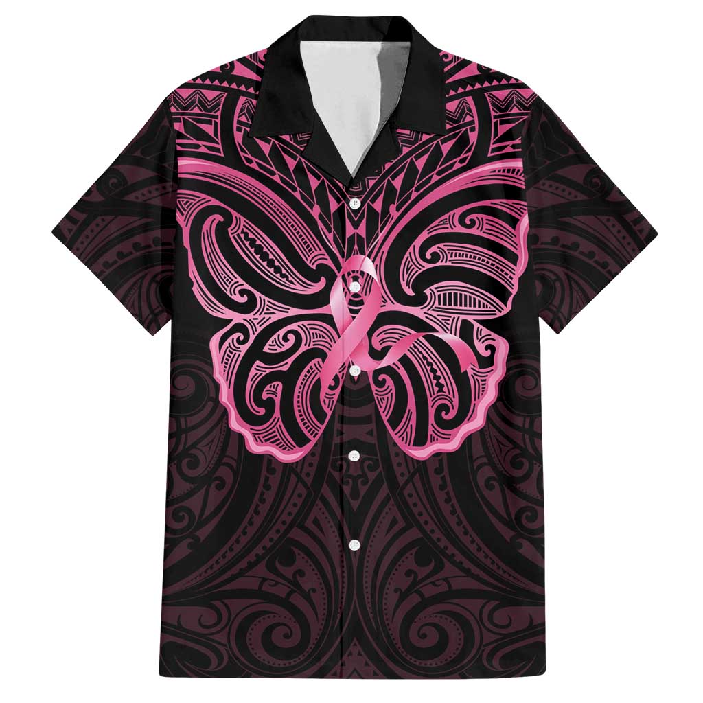 New Zealand Breast Cancer Awareness Family Matching Off Shoulder Maxi Dress and Hawaiian Shirt Maori Butterfly Pink Ribbon Black Version LT14 Dad's Shirt - Short Sleeve Black - Polynesian Pride
