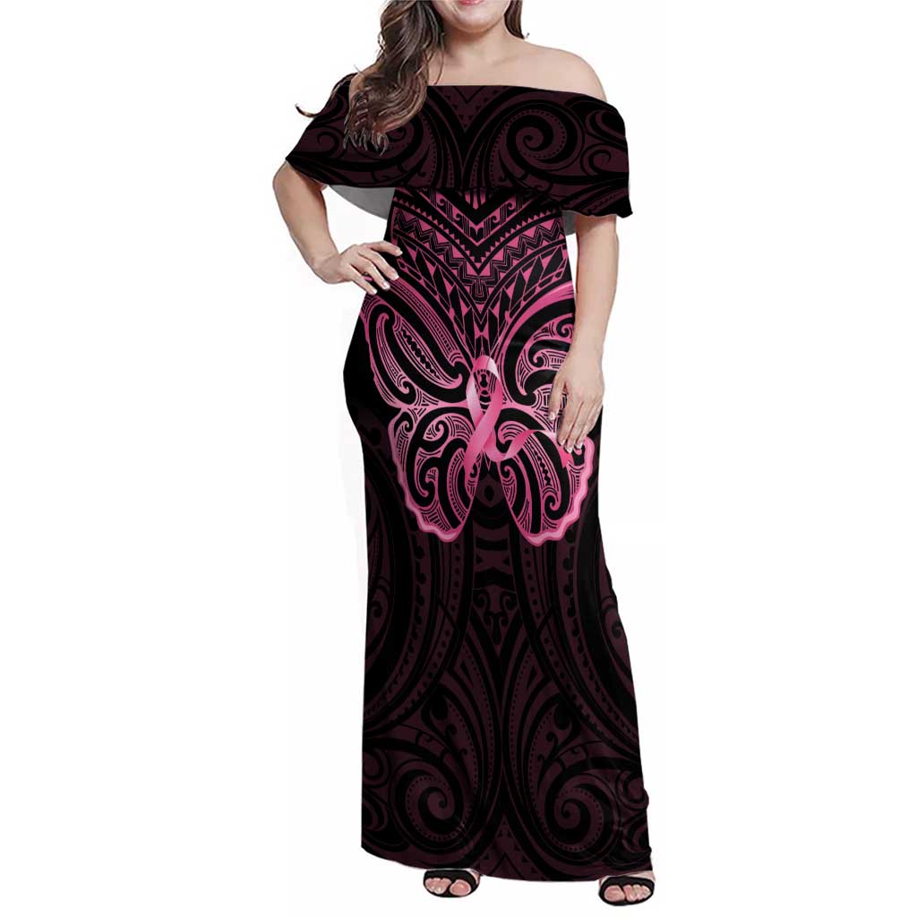 New Zealand Breast Cancer Awareness Family Matching Off Shoulder Maxi Dress and Hawaiian Shirt Maori Butterfly Pink Ribbon Black Version LT14 Mom's Dress Black - Polynesian Pride