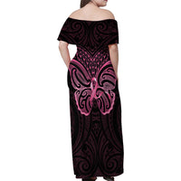 New Zealand Breast Cancer Awareness Family Matching Off Shoulder Maxi Dress and Hawaiian Shirt Maori Butterfly Pink Ribbon Black Version LT14 - Polynesian Pride
