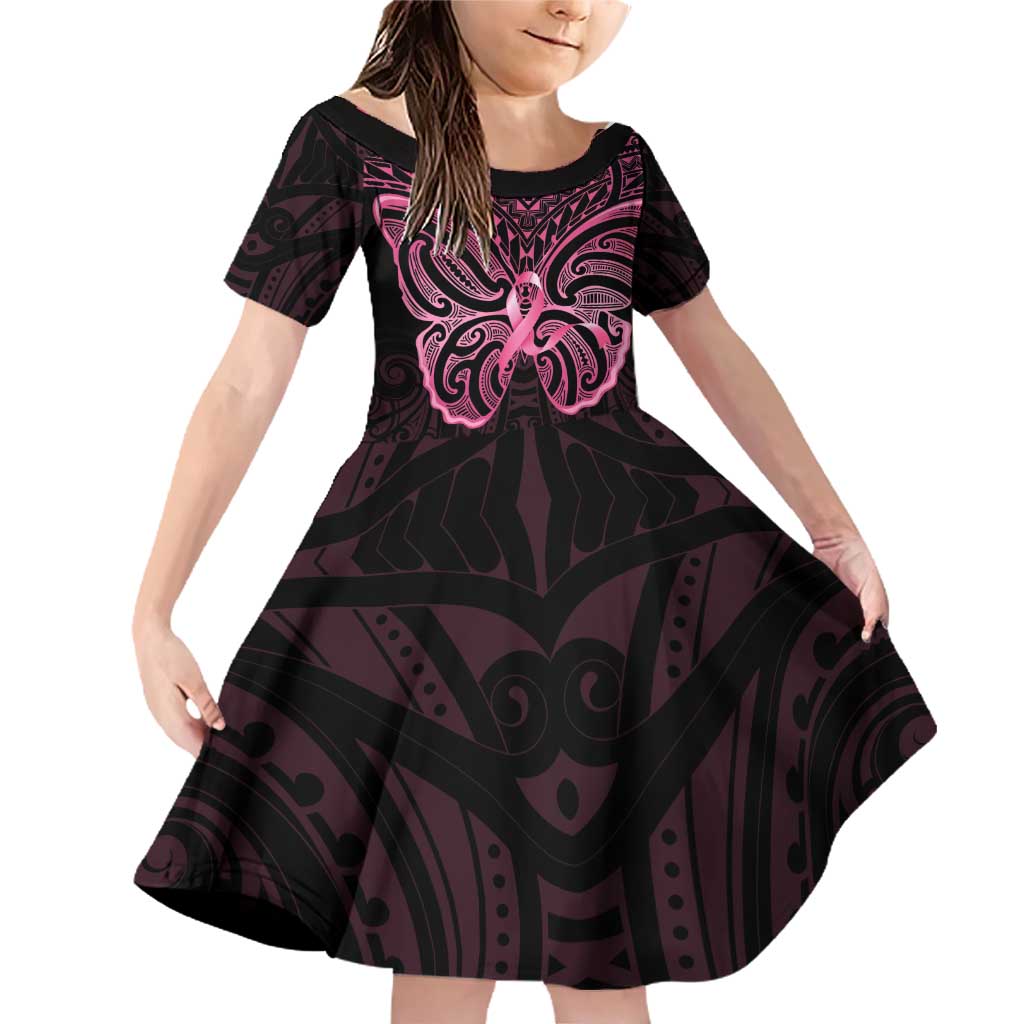 New Zealand Breast Cancer Awareness Family Matching Off Shoulder Short Dress and Hawaiian Shirt Maori Butterfly Pink Ribbon Black Version LT14 Daughter's Dress Black - Polynesian Pride
