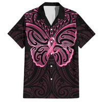 New Zealand Breast Cancer Awareness Family Matching Off Shoulder Short Dress and Hawaiian Shirt Maori Butterfly Pink Ribbon Black Version LT14 Dad's Shirt - Short Sleeve Black - Polynesian Pride