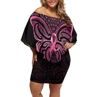 New Zealand Breast Cancer Awareness Family Matching Off Shoulder Short Dress and Hawaiian Shirt Maori Butterfly Pink Ribbon Black Version LT14 Mom's Dress Black - Polynesian Pride