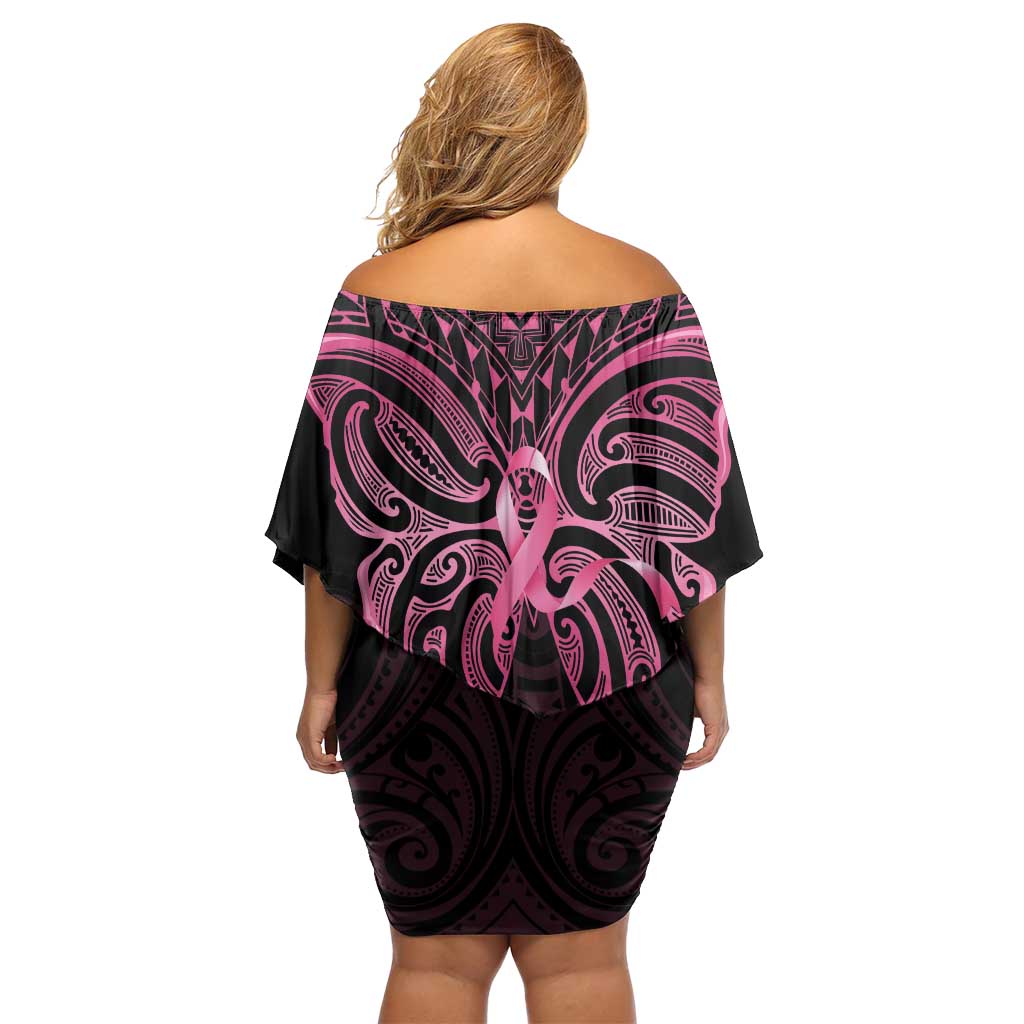 New Zealand Breast Cancer Awareness Family Matching Off Shoulder Short Dress and Hawaiian Shirt Maori Butterfly Pink Ribbon Black Version LT14 - Polynesian Pride