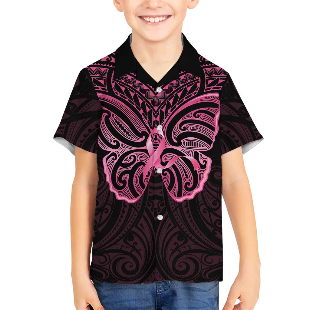New Zealand Breast Cancer Awareness Family Matching Off Shoulder Short Dress and Hawaiian Shirt Maori Butterfly Pink Ribbon Black Version LT14 Son's Shirt Black - Polynesian Pride