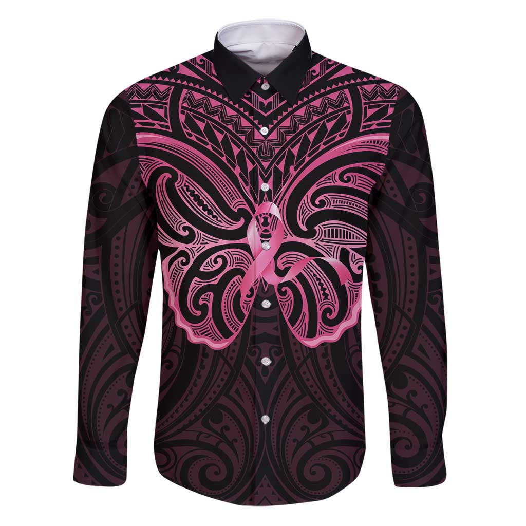 New Zealand Breast Cancer Awareness Family Matching Puletasi and Hawaiian Shirt Maori Butterfly Pink Ribbon Black Version LT14 Dad's Shirt - Long Sleeve Black - Polynesian Pride