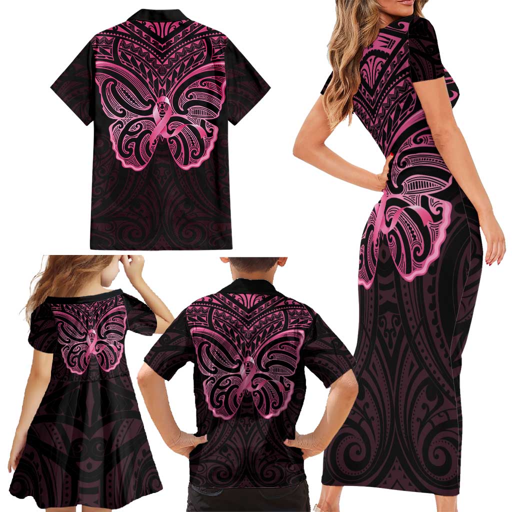 New Zealand Breast Cancer Awareness Family Matching Short Sleeve Bodycon Dress and Hawaiian Shirt Maori Butterfly Pink Ribbon Black Version LT14 - Polynesian Pride