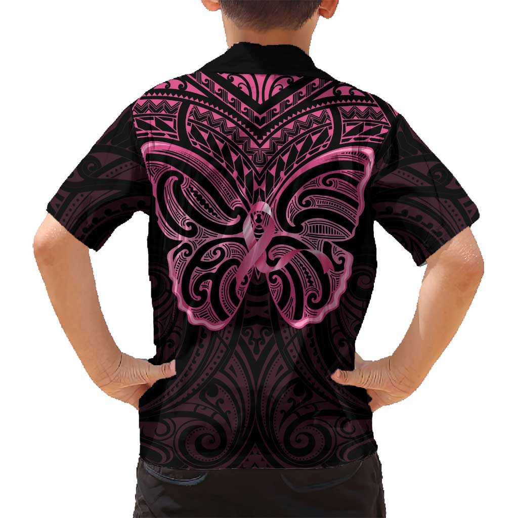 New Zealand Breast Cancer Awareness Family Matching Summer Maxi Dress and Hawaiian Shirt Maori Butterfly Pink Ribbon Black Version LT14 - Polynesian Pride