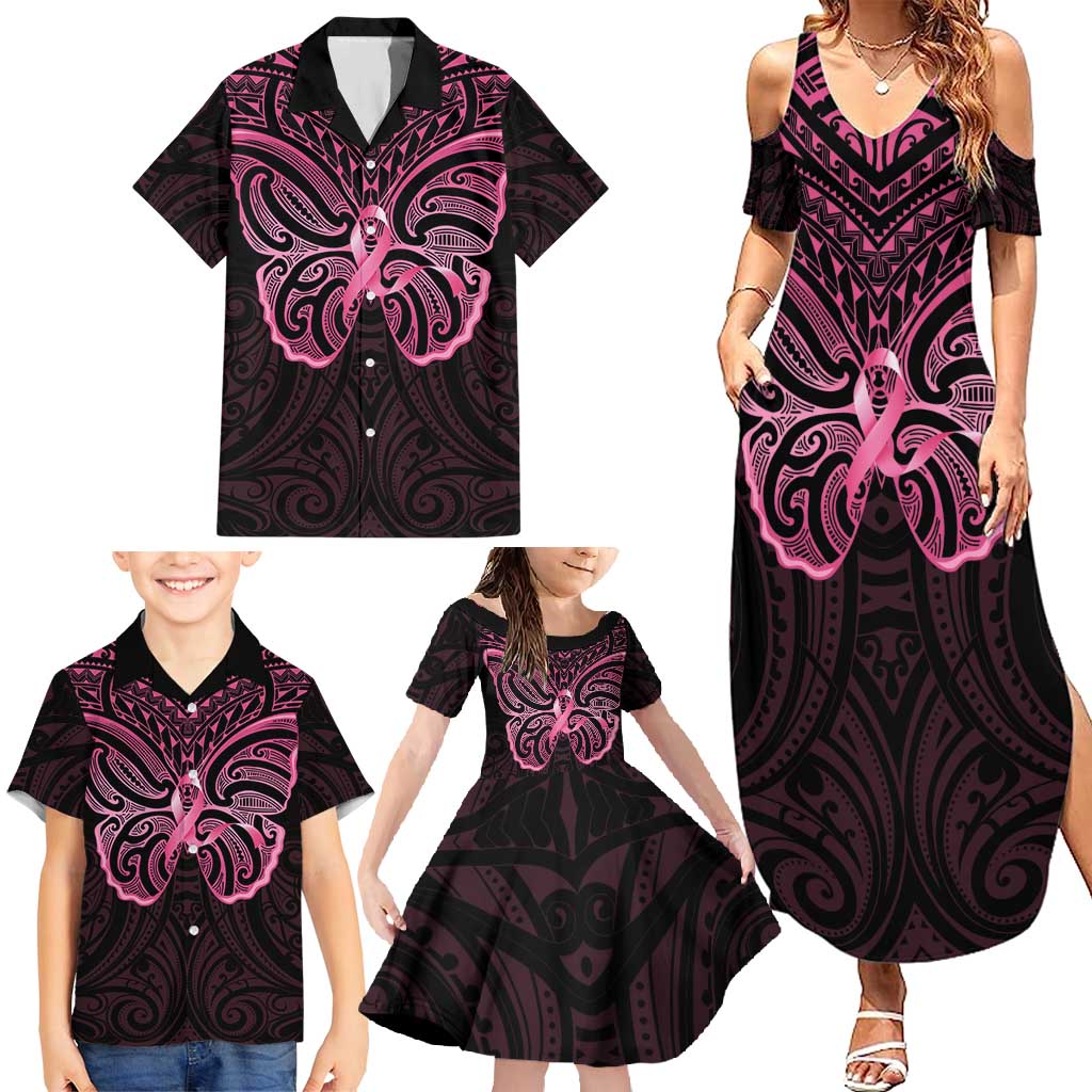 New Zealand Breast Cancer Awareness Family Matching Summer Maxi Dress and Hawaiian Shirt Maori Butterfly Pink Ribbon Black Version LT14 - Polynesian Pride