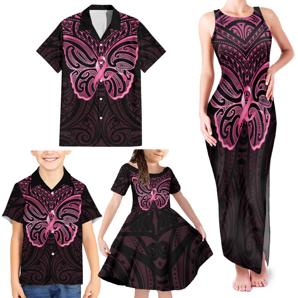 New Zealand Breast Cancer Awareness Family Matching Tank Maxi Dress and Hawaiian Shirt Maori Butterfly Pink Ribbon Black Version LT14 - Polynesian Pride