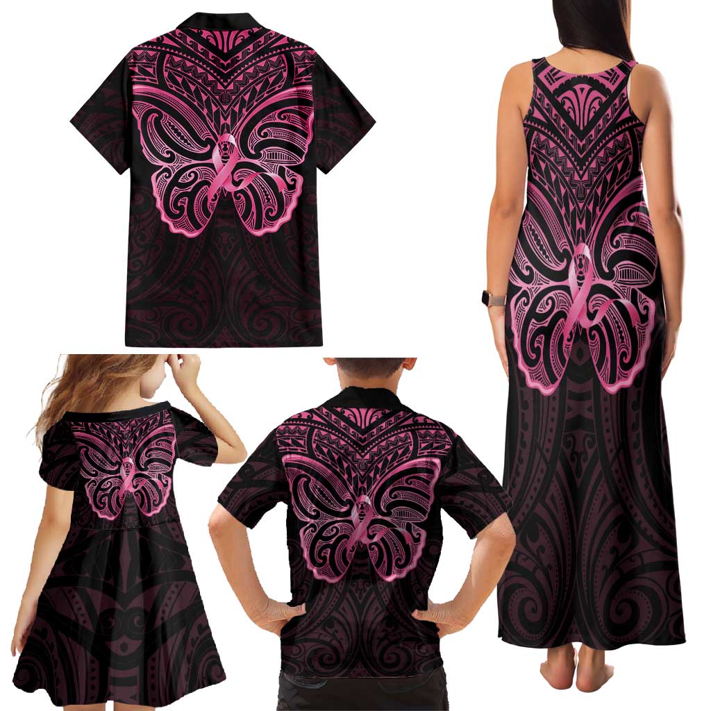New Zealand Breast Cancer Awareness Family Matching Tank Maxi Dress and Hawaiian Shirt Maori Butterfly Pink Ribbon Black Version LT14 - Polynesian Pride