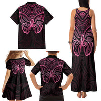 New Zealand Breast Cancer Awareness Family Matching Tank Maxi Dress and Hawaiian Shirt Maori Butterfly Pink Ribbon Black Version LT14 - Polynesian Pride