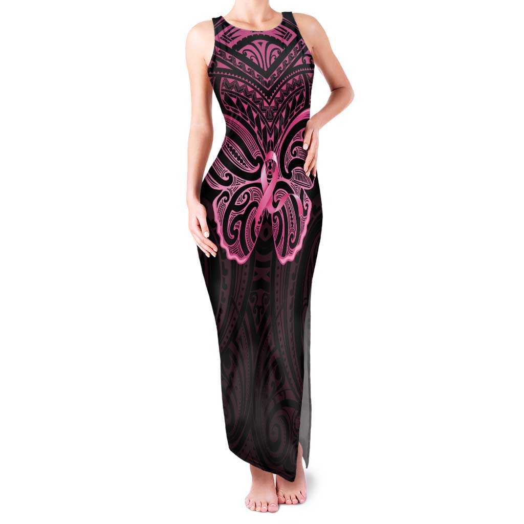New Zealand Breast Cancer Awareness Family Matching Tank Maxi Dress and Hawaiian Shirt Maori Butterfly Pink Ribbon Black Version LT14 Mom's Dress Black - Polynesian Pride