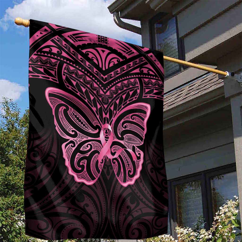 New Zealand Breast Cancer Awareness Garden Flag Maori Butterfly Pink Ribbon Black Version LT14 - Polynesian Pride