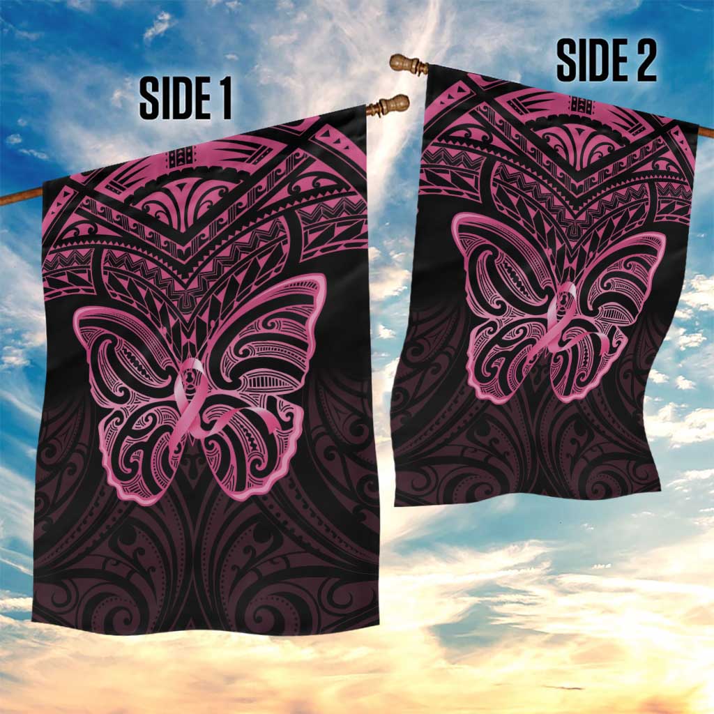 New Zealand Breast Cancer Awareness Garden Flag Maori Butterfly Pink Ribbon Black Version LT14 - Polynesian Pride
