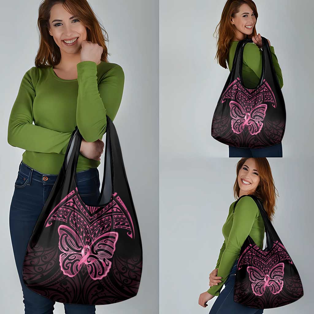 New Zealand Breast Cancer Awareness Grocery Bag Maori Butterfly Pink Ribbon Black Version LT14 - Polynesian Pride
