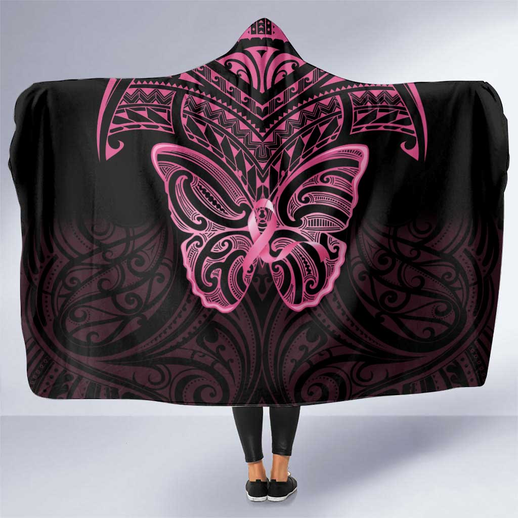 New Zealand Breast Cancer Awareness Hooded Blanket Maori Butterfly Pink Ribbon Black Version LT14 One Size Black - Polynesian Pride