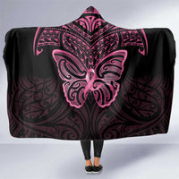 New Zealand Breast Cancer Awareness Hooded Blanket Maori Butterfly Pink Ribbon Black Version LT14 One Size Black - Polynesian Pride