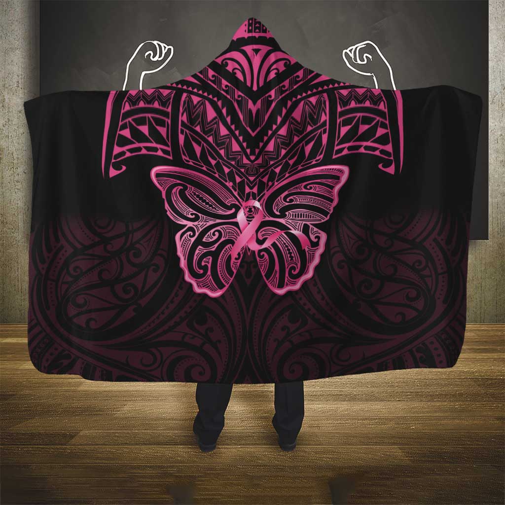 New Zealand Breast Cancer Awareness Hooded Blanket Maori Butterfly Pink Ribbon Black Version LT14 - Polynesian Pride