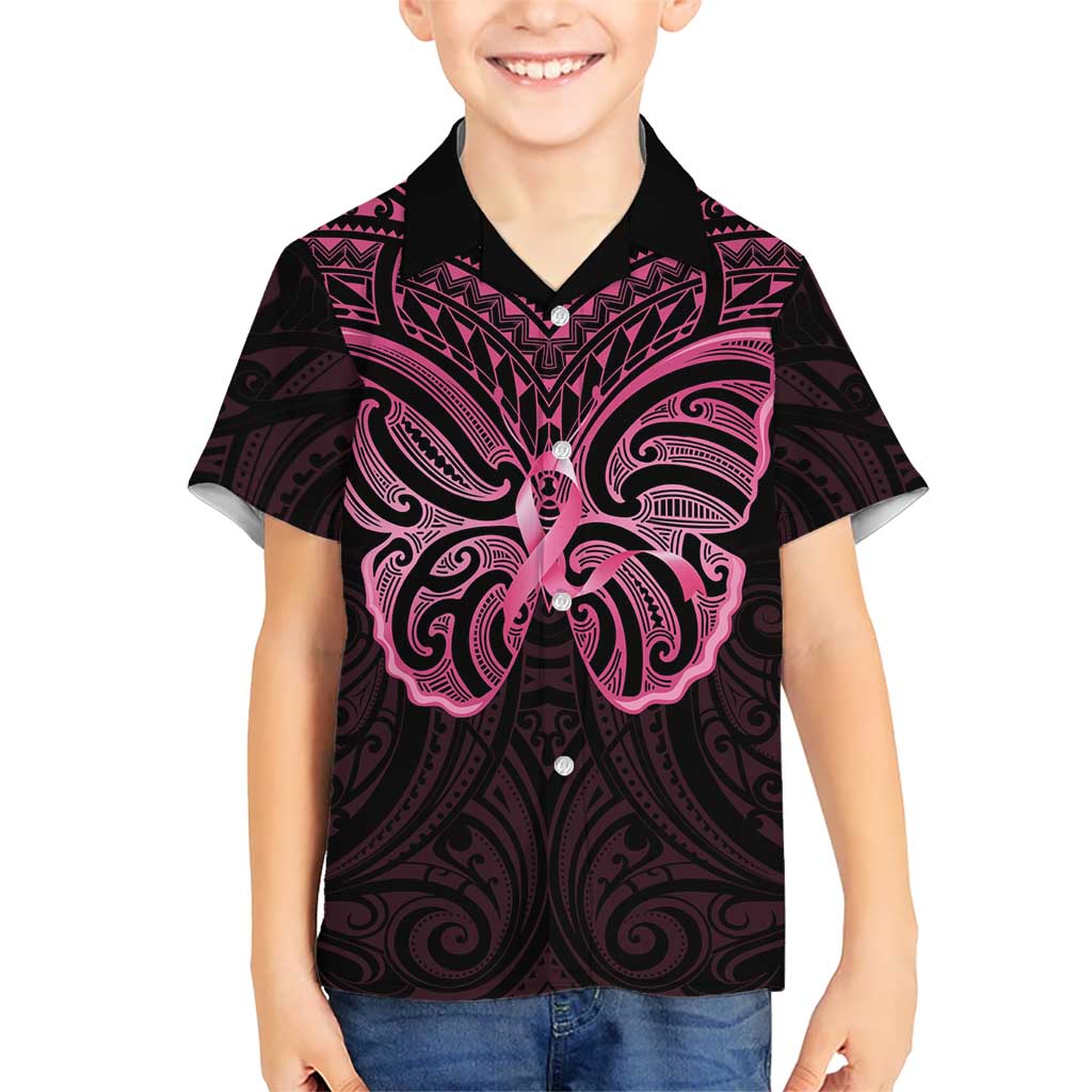 New Zealand Breast Cancer Awareness Kid Hawaiian Shirt Maori Butterfly Pink Ribbon Black Version LT14 Kid Black - Polynesian Pride