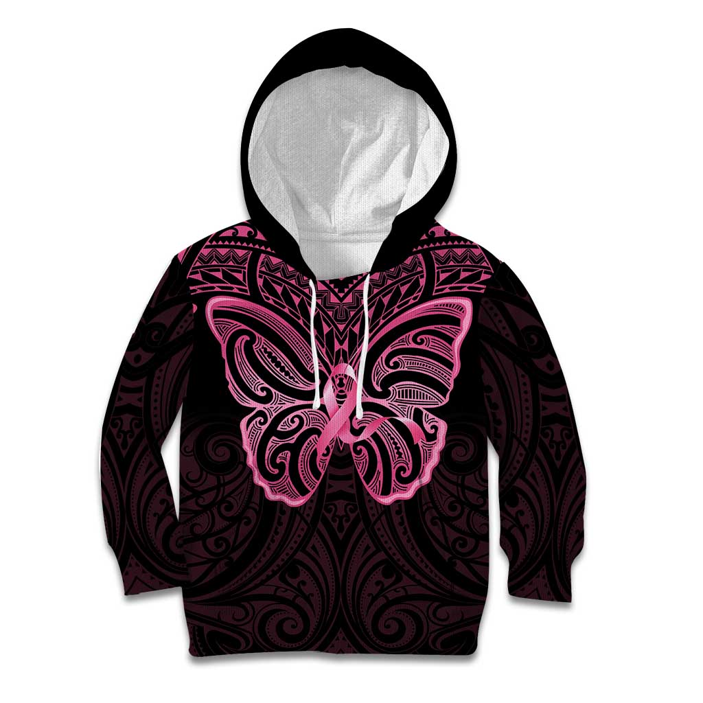 New Zealand Breast Cancer Awareness Kid Hoodie Maori Butterfly Pink Ribbon Black Version LT14 Hoodie Black - Polynesian Pride
