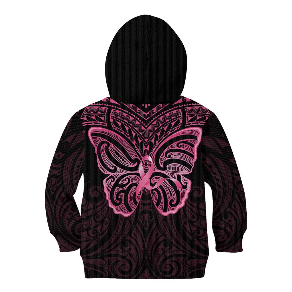 New Zealand Breast Cancer Awareness Kid Hoodie Maori Butterfly Pink Ribbon Black Version LT14 - Polynesian Pride