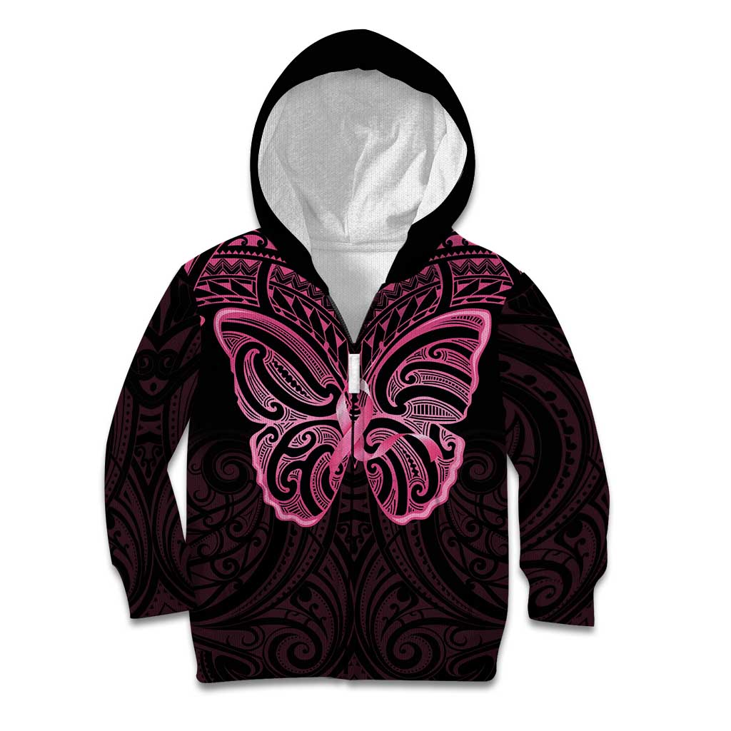 New Zealand Breast Cancer Awareness Kid Hoodie Maori Butterfly Pink Ribbon Black Version LT14 Zip Hoodie Black - Polynesian Pride