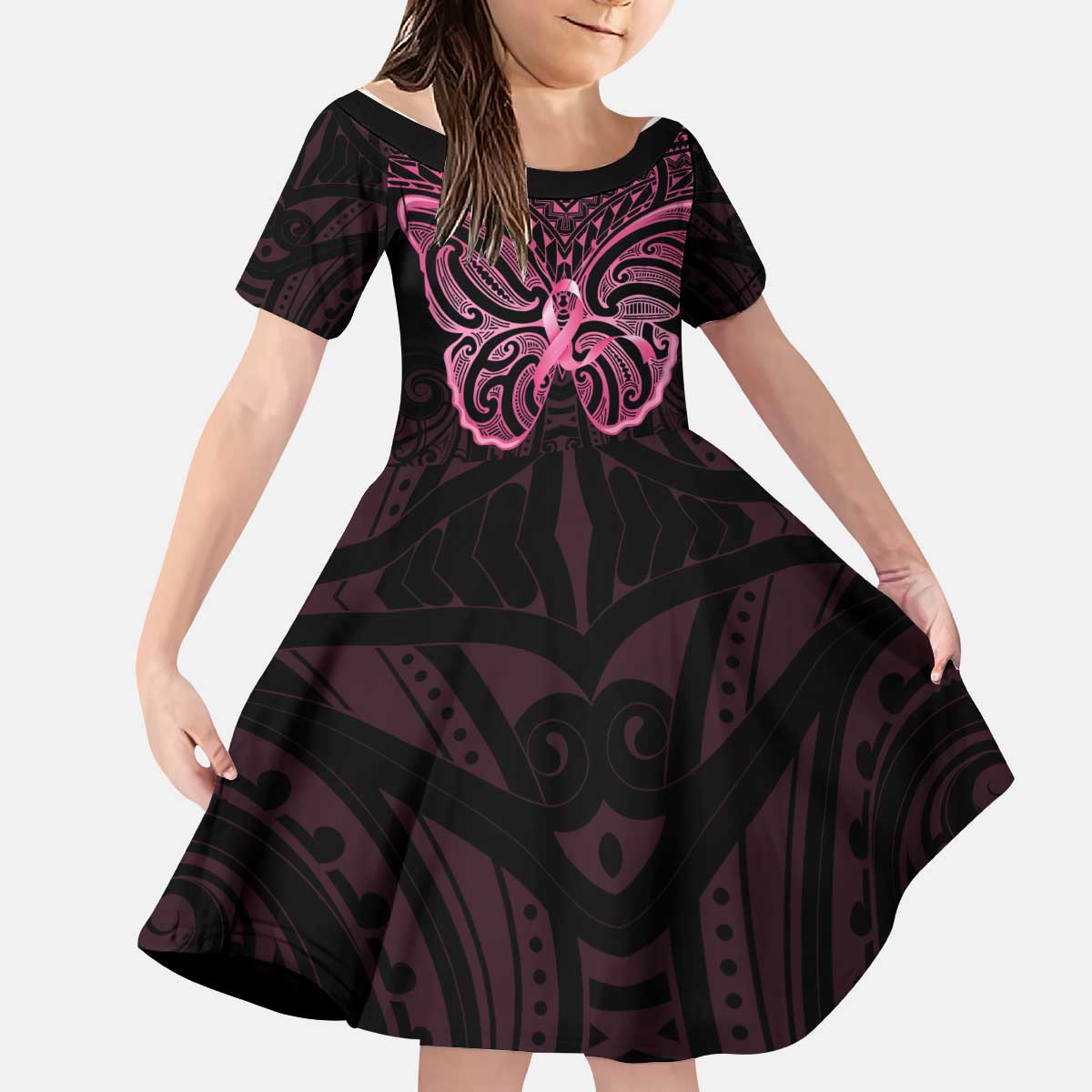 New Zealand Breast Cancer Awareness Kid Short Sleeve Dress Maori Butterfly Pink Ribbon Black Version LT14 KID Black - Polynesian Pride
