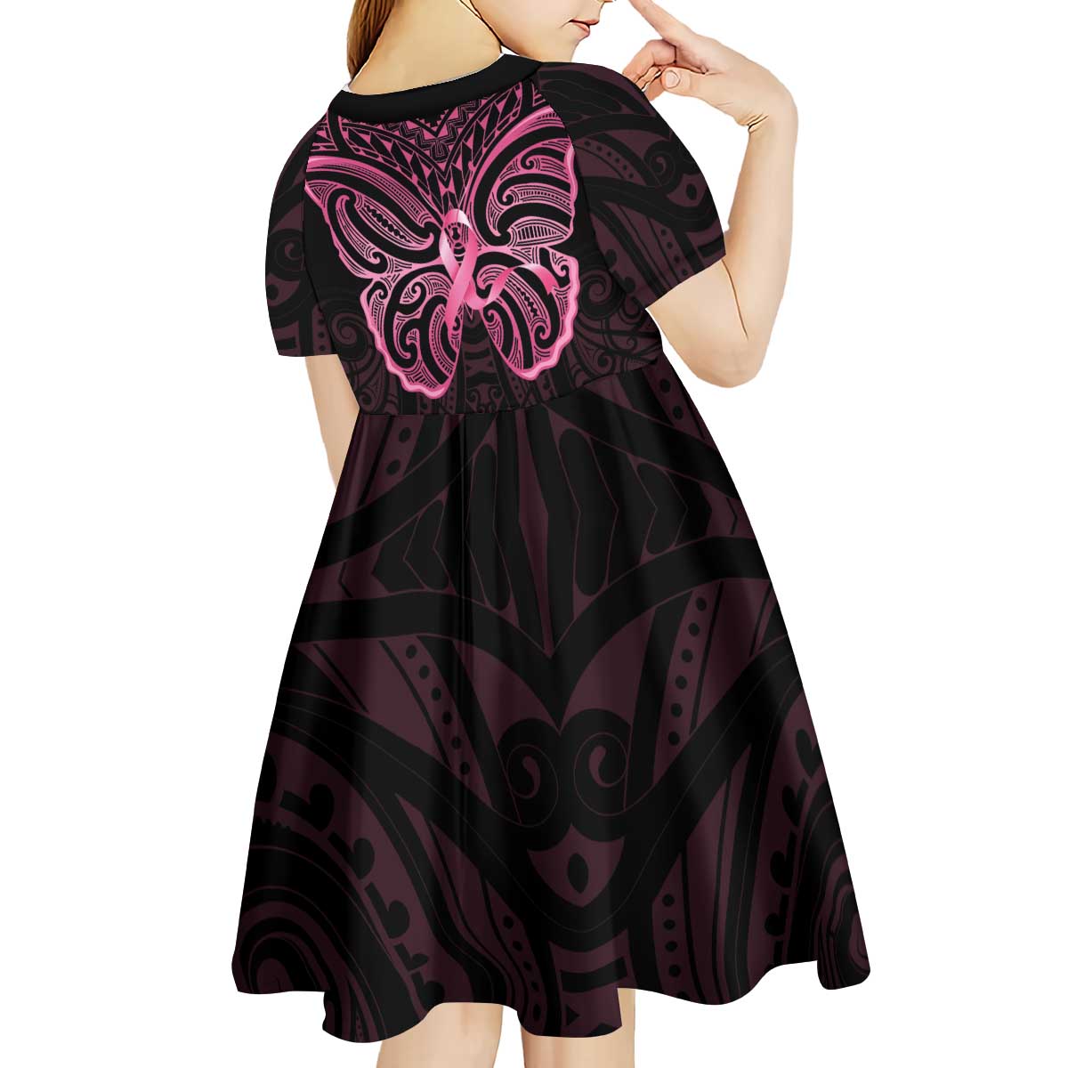 New Zealand Breast Cancer Awareness Kid Short Sleeve Dress Maori Butterfly Pink Ribbon Black Version LT14 - Polynesian Pride