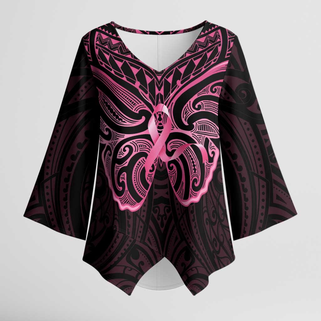 New Zealand Breast Cancer Awareness Kimono Sleeve Blouse Maori Butterfly Pink Ribbon Black Version LT14 Female Black - Polynesian Pride