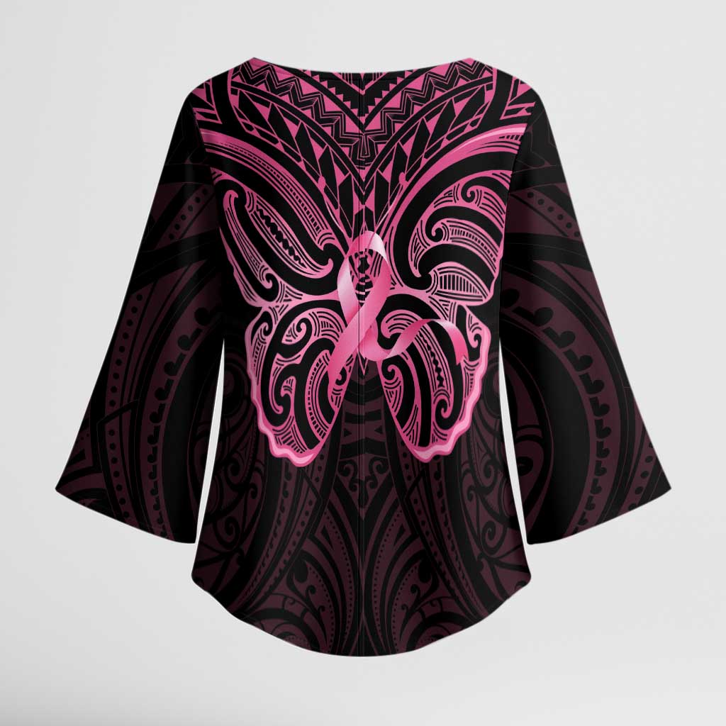 New Zealand Breast Cancer Awareness Kimono Sleeve Blouse Maori Butterfly Pink Ribbon Black Version LT14 - Polynesian Pride