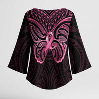 New Zealand Breast Cancer Awareness Kimono Sleeve Blouse Maori Butterfly Pink Ribbon Black Version LT14 - Polynesian Pride