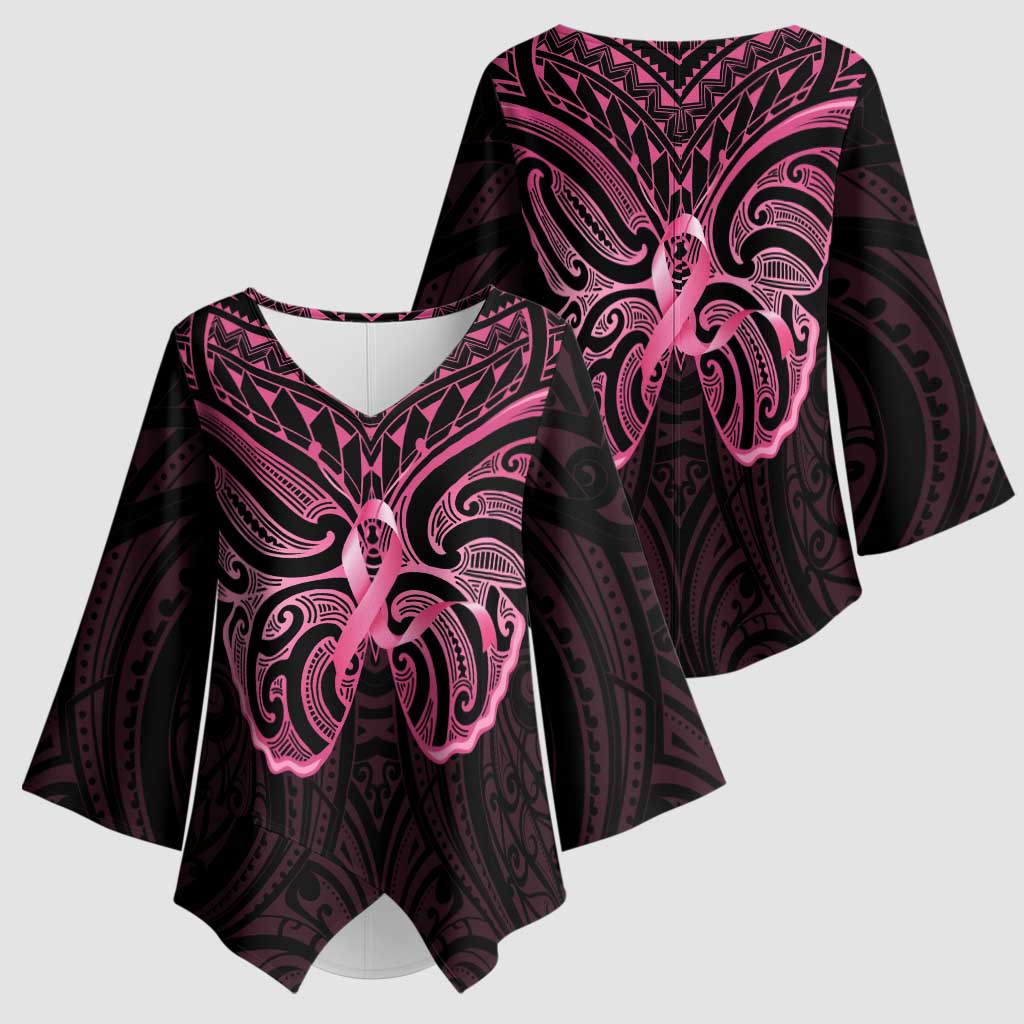 New Zealand Breast Cancer Awareness Kimono Sleeve Blouse Maori Butterfly Pink Ribbon Black Version LT14 - Polynesian Pride