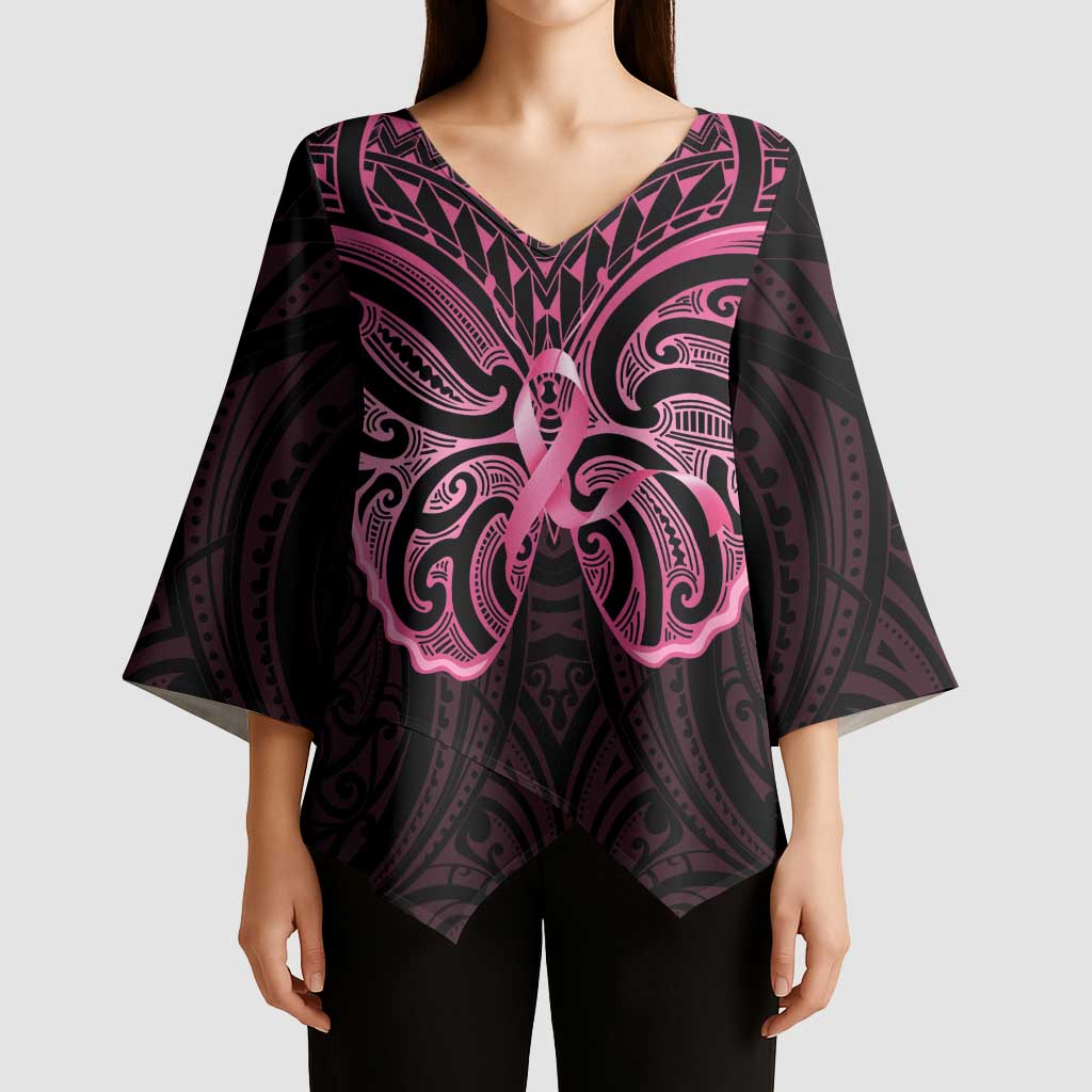 New Zealand Breast Cancer Awareness Kimono Sleeve Blouse Maori Butterfly Pink Ribbon Black Version LT14 - Polynesian Pride