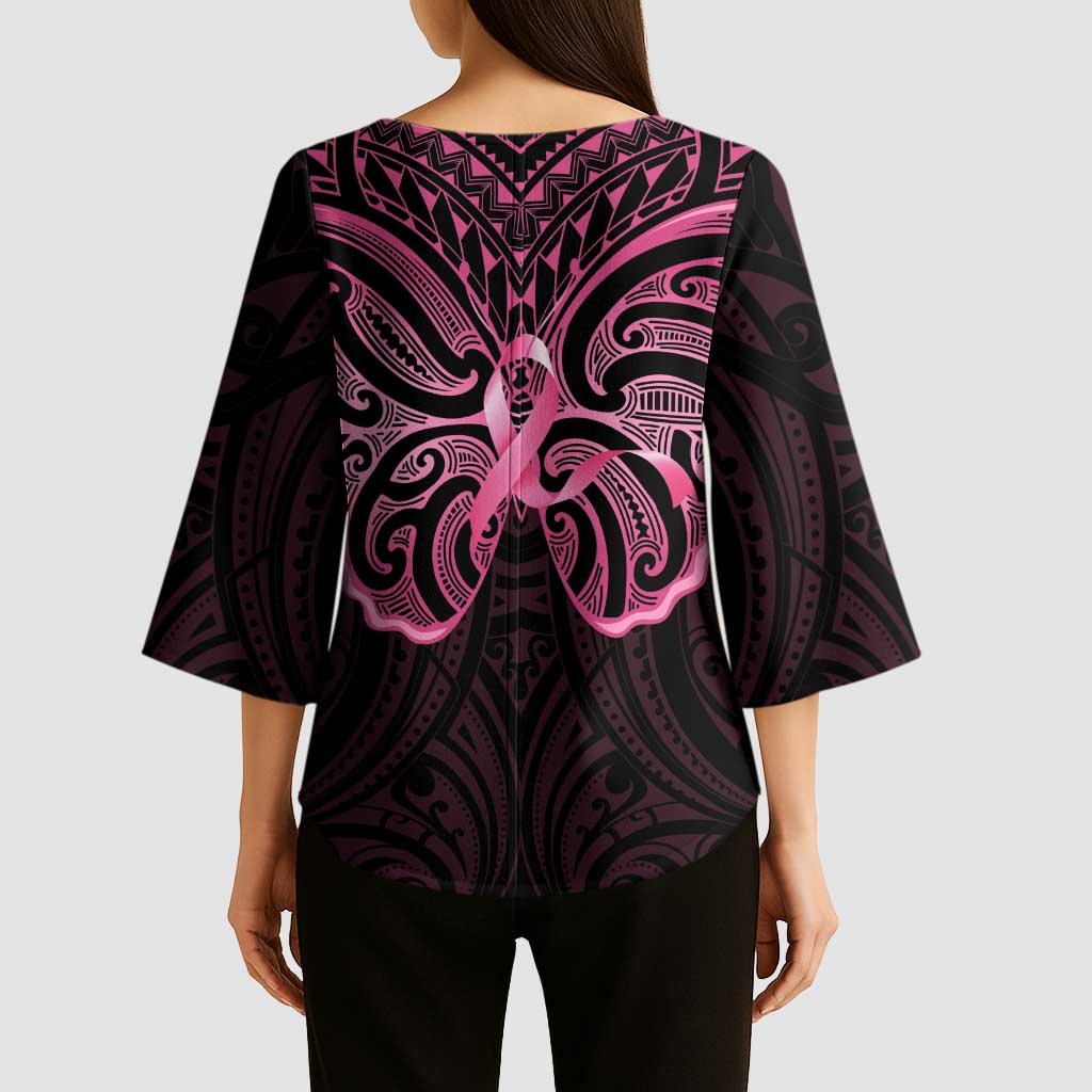 New Zealand Breast Cancer Awareness Kimono Sleeve Blouse Maori Butterfly Pink Ribbon Black Version LT14 - Polynesian Pride