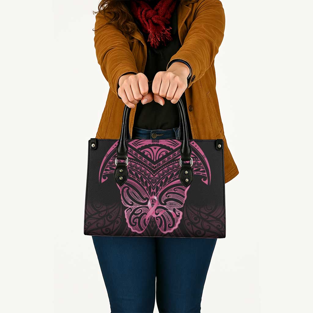 New Zealand Breast Cancer Awareness Leather Bag Maori Butterfly Pink Ribbon Black Version LT14 Black - Polynesian Pride