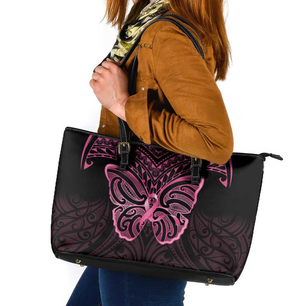 New Zealand Breast Cancer Awareness Leather Tote Bag Maori Butterfly Pink Ribbon Black Version LT14 Black - Polynesian Pride