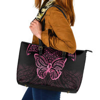 New Zealand Breast Cancer Awareness Leather Tote Bag Maori Butterfly Pink Ribbon Black Version LT14 Black - Polynesian Pride