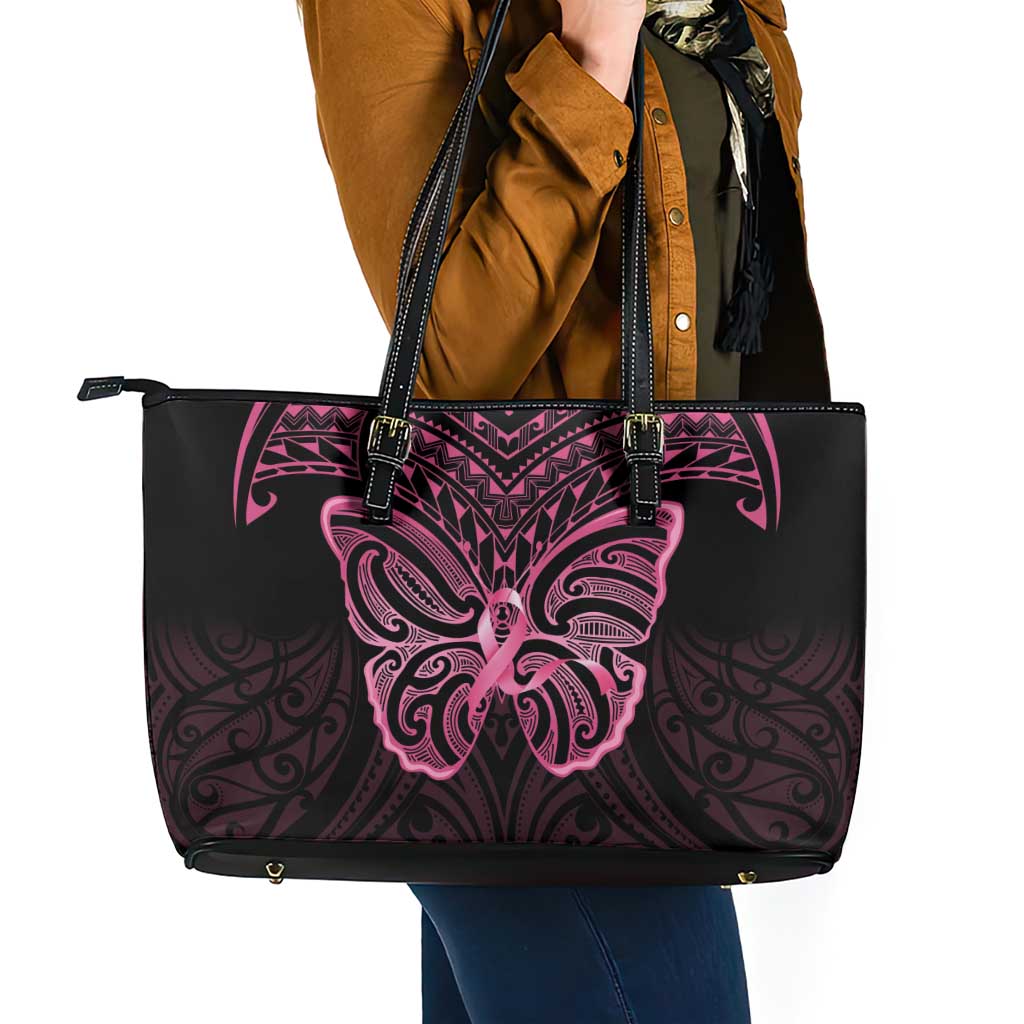 New Zealand Breast Cancer Awareness Leather Tote Bag Maori Butterfly Pink Ribbon Black Version LT14 - Polynesian Pride