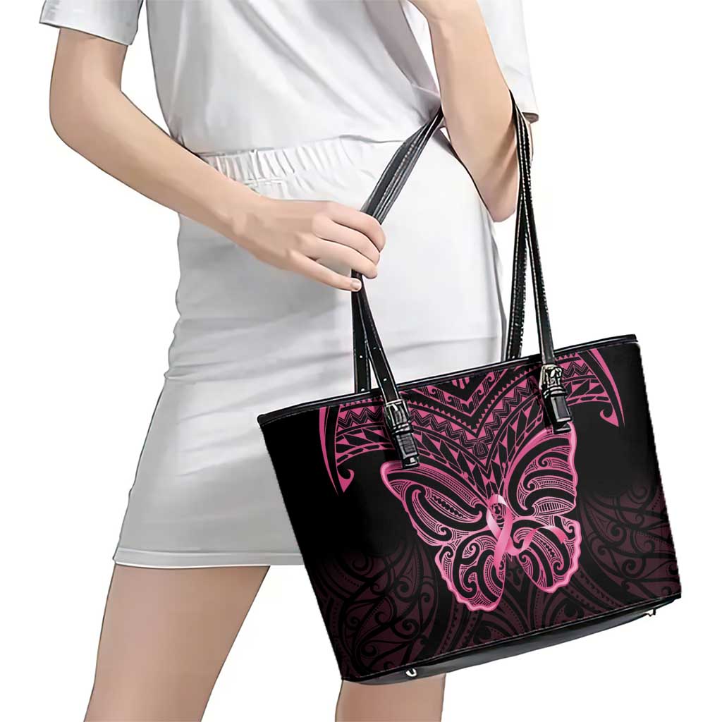 New Zealand Breast Cancer Awareness Leather Tote Bag Maori Butterfly Pink Ribbon Black Version LT14 - Polynesian Pride