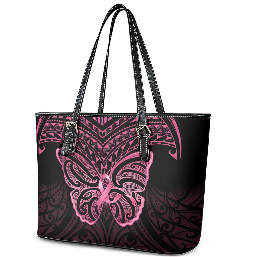 New Zealand Breast Cancer Awareness Leather Tote Bag Maori Butterfly Pink Ribbon Black Version LT14 - Polynesian Pride