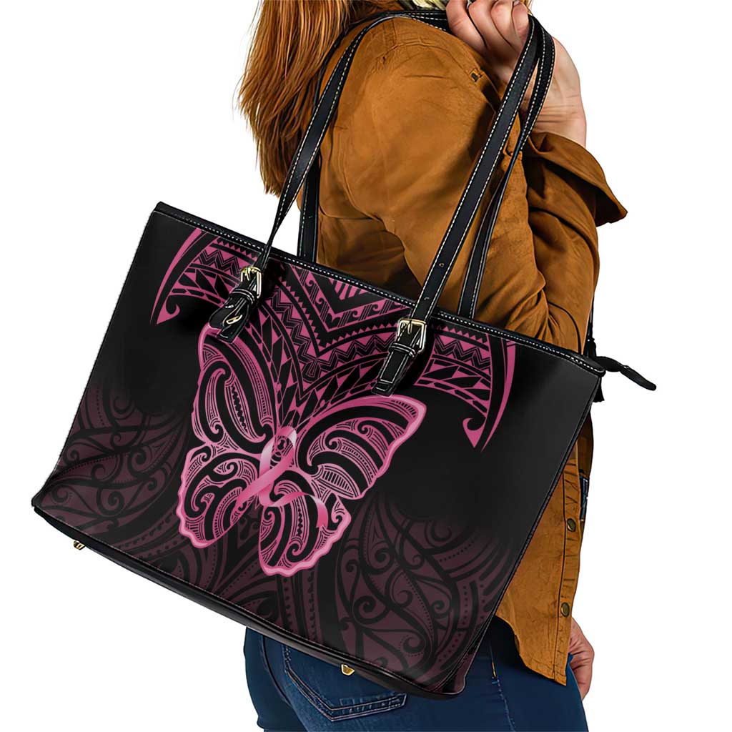 New Zealand Breast Cancer Awareness Leather Tote Bag Maori Butterfly Pink Ribbon Black Version LT14 - Polynesian Pride