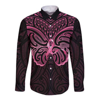 New Zealand Breast Cancer Awareness Long Sleeve Button Shirt Maori Butterfly Pink Ribbon Black Version LT14 Unisex Black - Polynesian Pride